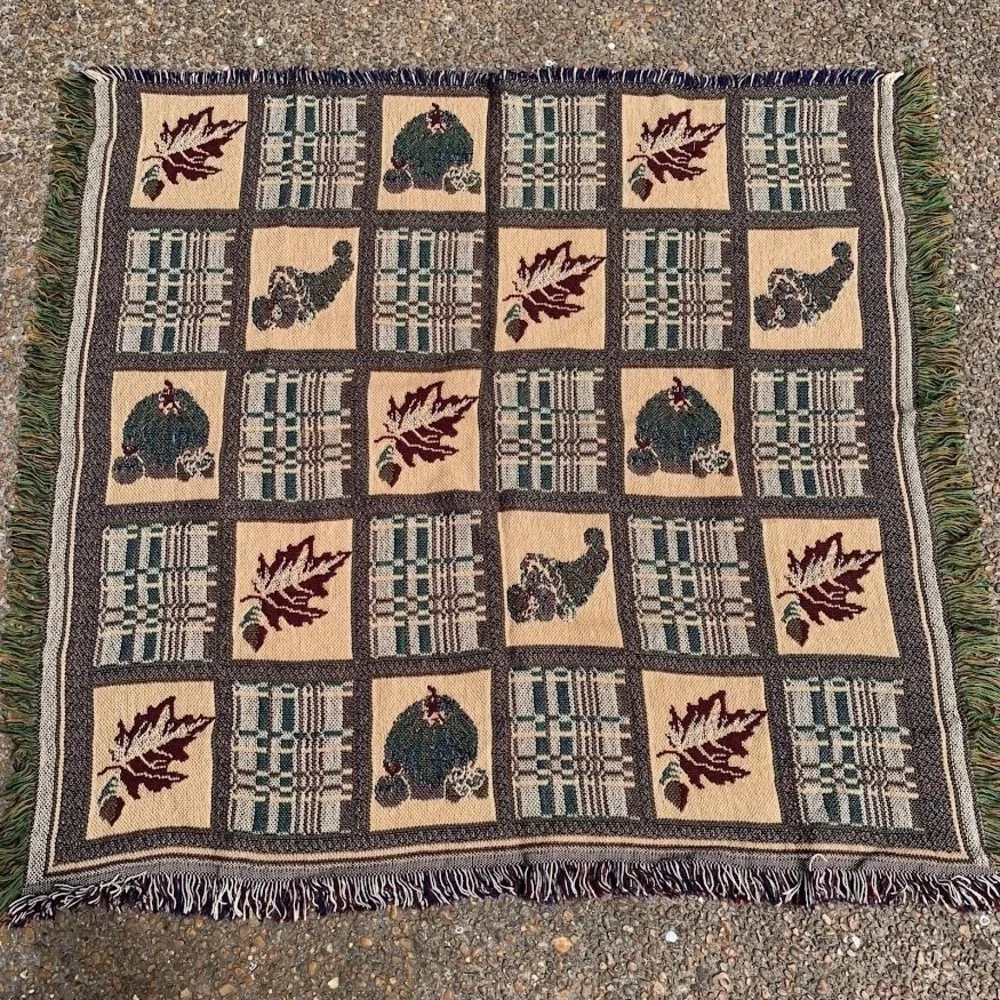 Vintage Fall Theme Woven Throw Blanket Tapestry Autumn Thanksgiving
